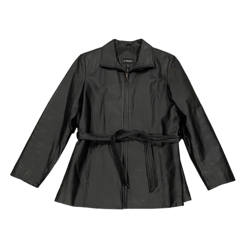 Outbrook Black Leather Jacket Women’s Size M (8/10)  Zip Up Belted Coat Pockets